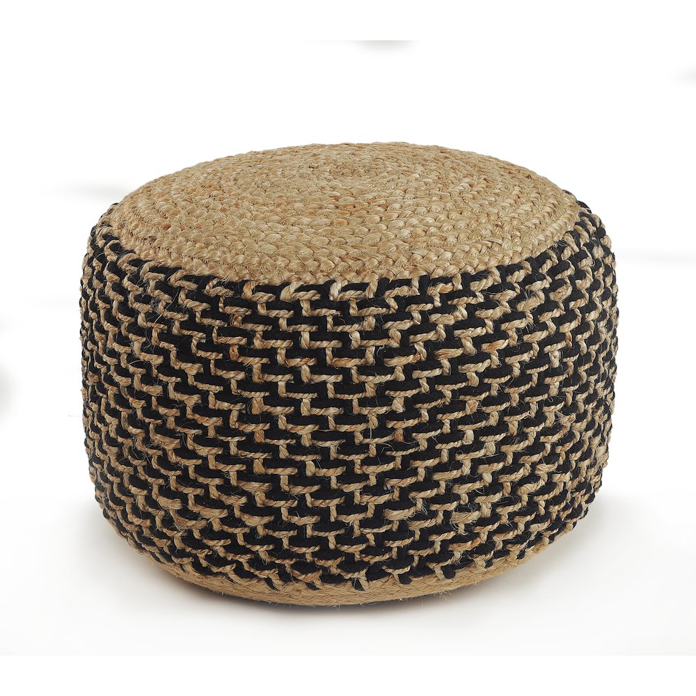 Tan/Black Geometric Hand-Woven All-Natural Jute Blend Ottoman Pouf. Picture 1