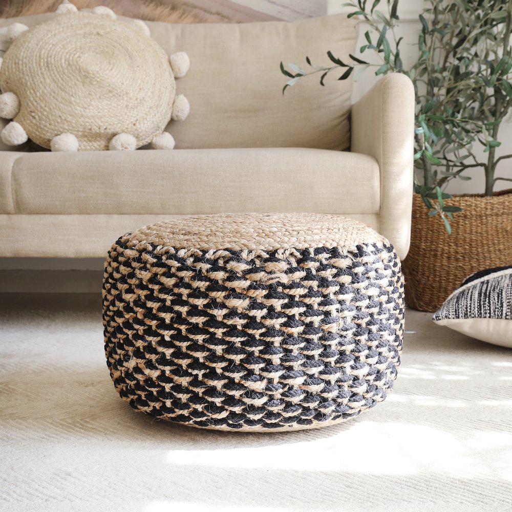 Tan/Black Geometric Hand-Woven All-Natural Jute Blend Ottoman Pouf. Picture 2