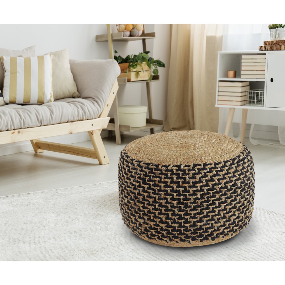 Tan/Black Geometric Hand-Woven All-Natural Jute Blend Ottoman Pouf. Picture 3