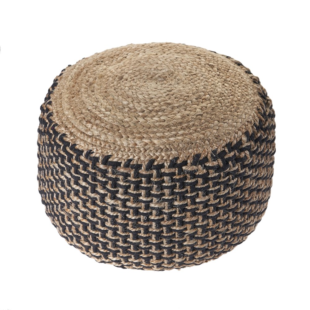 Tan/Black Geometric Hand-Woven All-Natural Jute Blend Ottoman Pouf. Picture 7