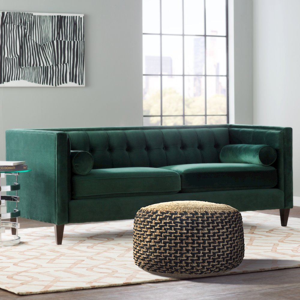 Tan/Black Geometric Hand-Woven All-Natural Jute Blend Ottoman Pouf. Picture 5