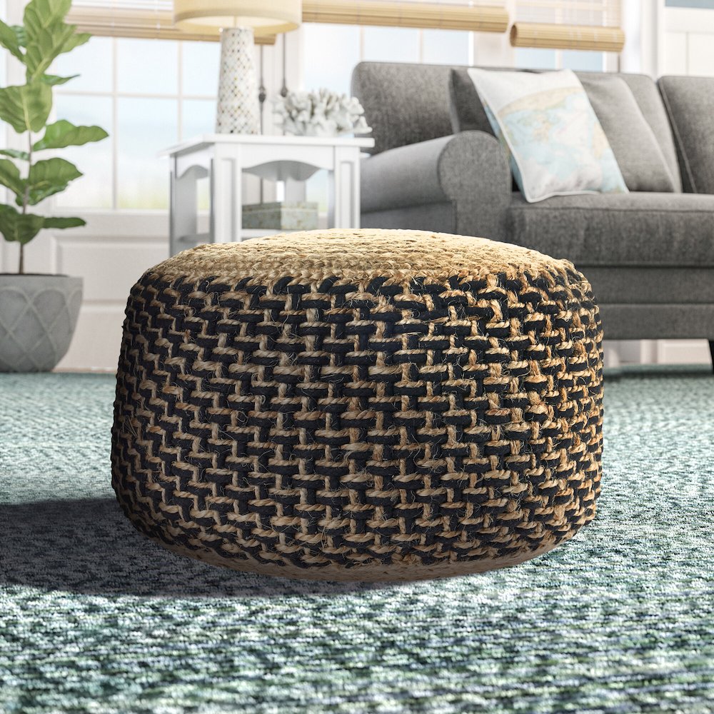 Tan/Black Geometric Hand-Woven All-Natural Jute Blend Ottoman Pouf. Picture 6