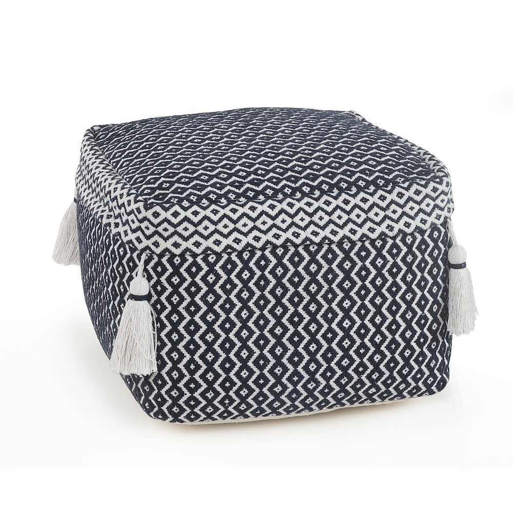Blue/White Geometric Hand-Woven All-Natural Cotton Ottoman Pouf. Picture 1