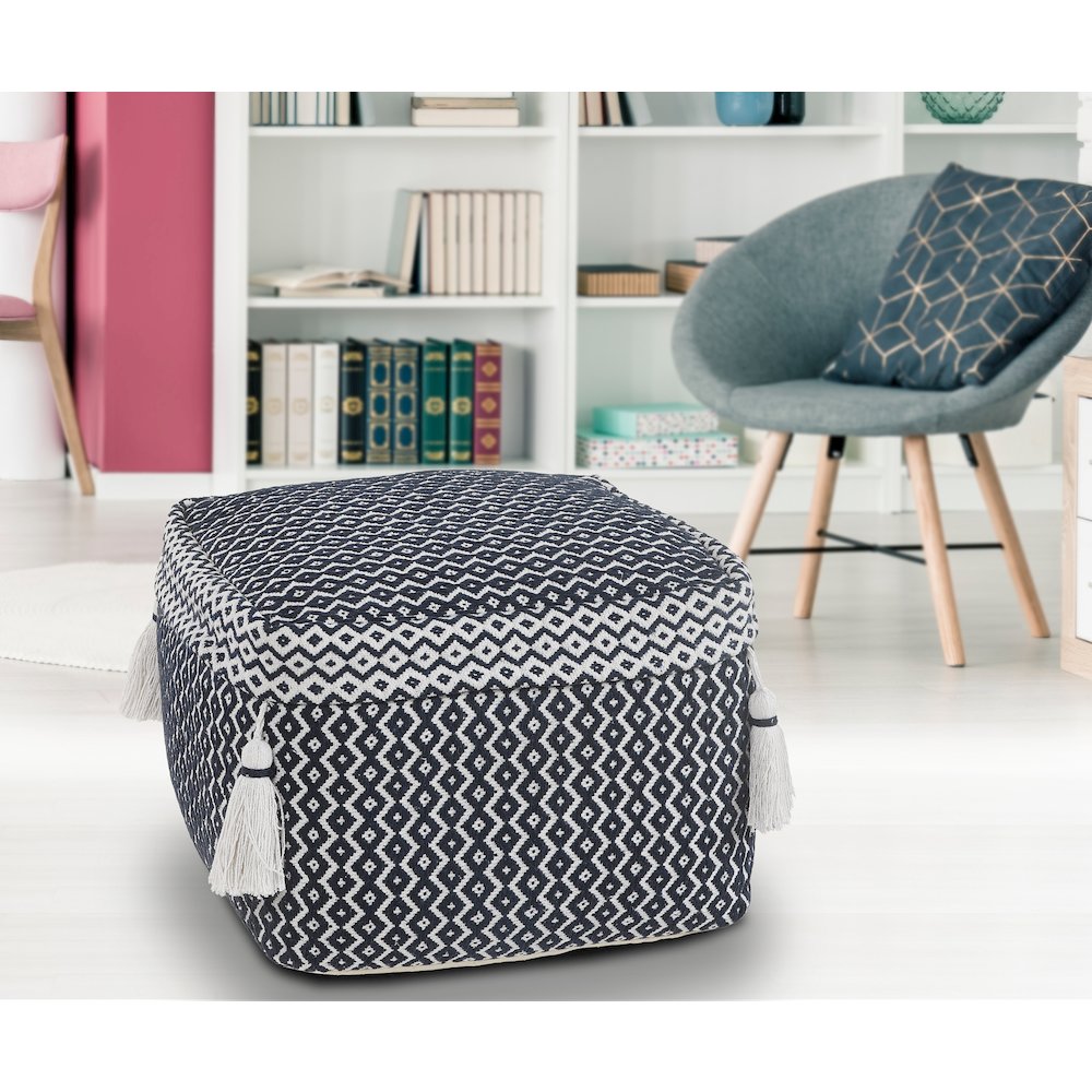 Blue/White Geometric Hand-Woven All-Natural Cotton Ottoman Pouf. Picture 2