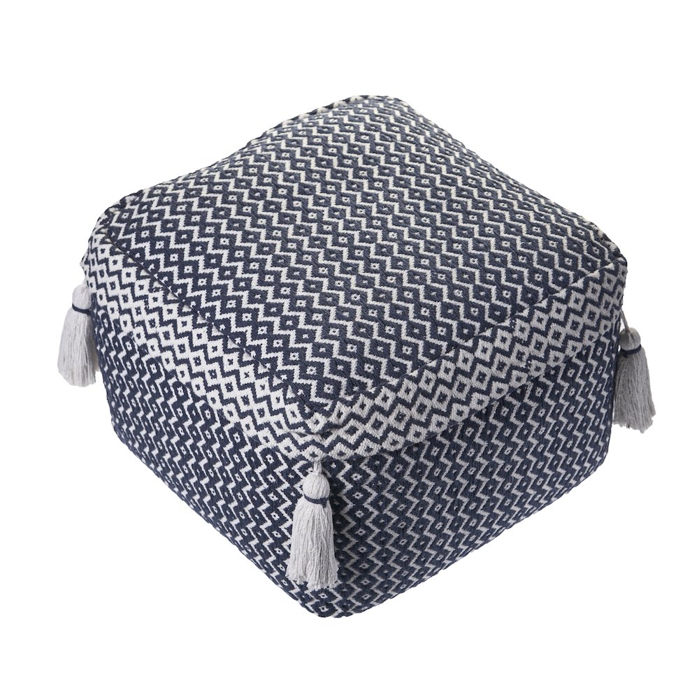 Blue/White Geometric Hand-Woven All-Natural Cotton Ottoman Pouf. Picture 3