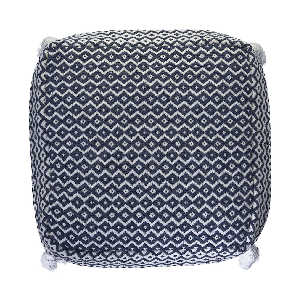 Blue/White Geometric Hand-Woven All-Natural Cotton Ottoman Pouf. Picture 4