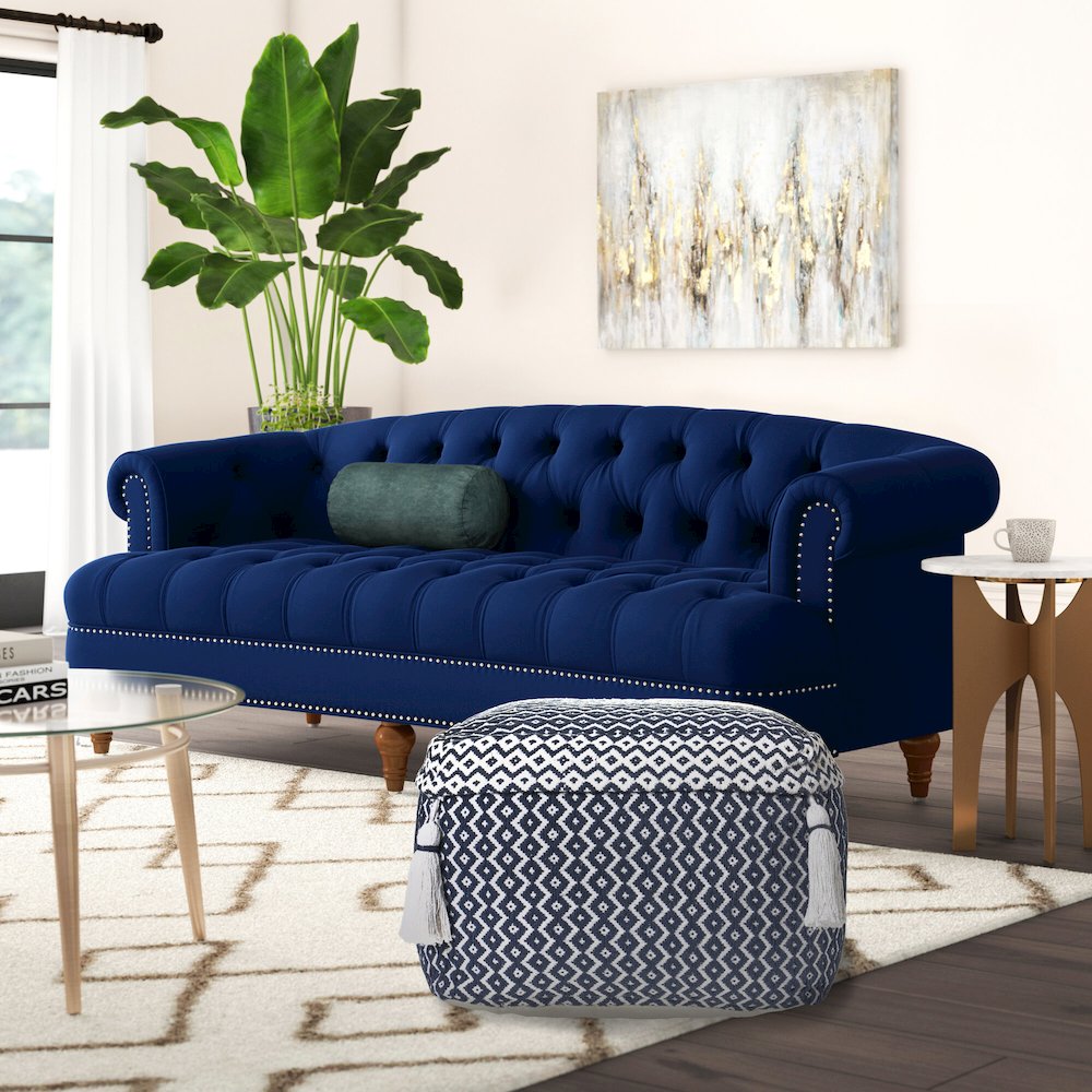 Blue/White Geometric Hand-Woven All-Natural Cotton Ottoman Pouf. Picture 5