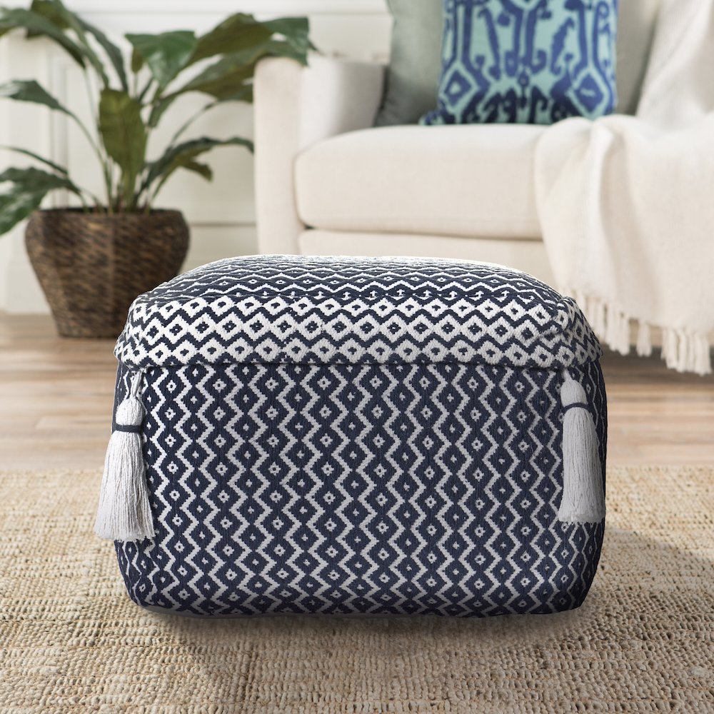 Blue/White Geometric Hand-Woven All-Natural Cotton Ottoman Pouf. Picture 6