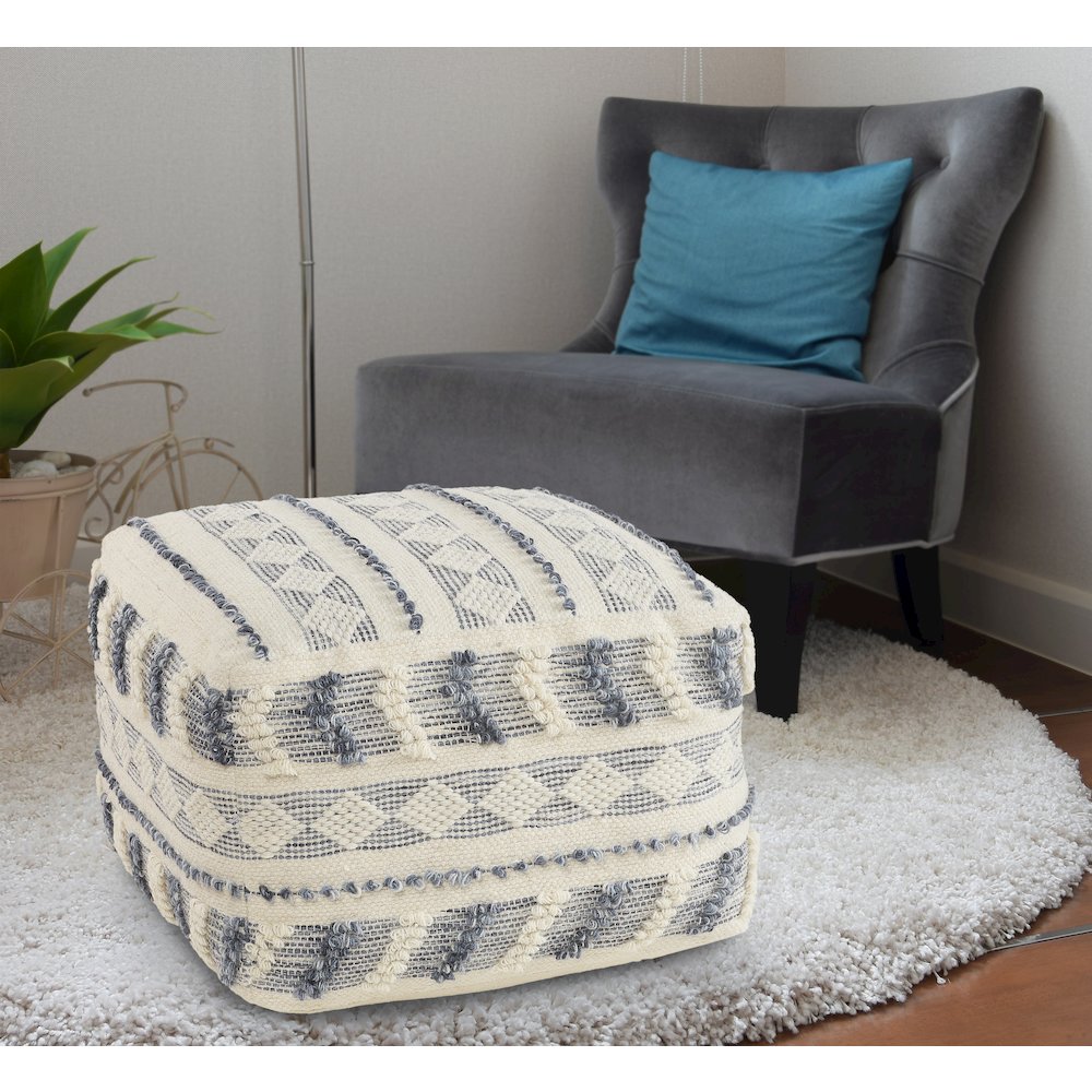 Navy/Ivory Striped Hand-Woven Wool Ottoman Pouf. Picture 2