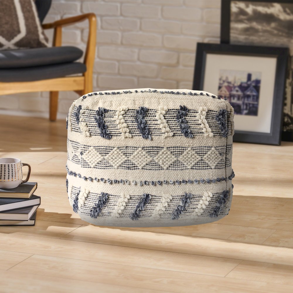Navy/Ivory Striped Hand-Woven Wool Ottoman Pouf. Picture 5