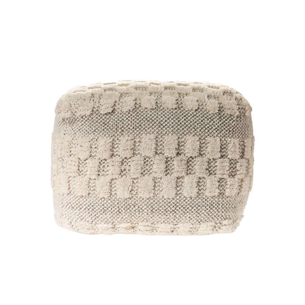 Cream Geometric Hand-Woven Wool Ottoman Pouf. Picture 1