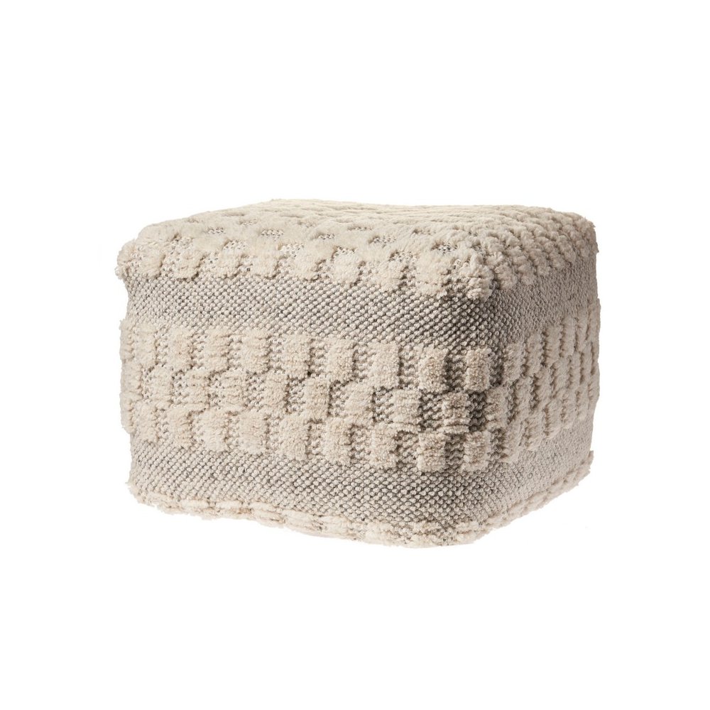 Cream Geometric Hand-Woven Wool Ottoman Pouf. Picture 2