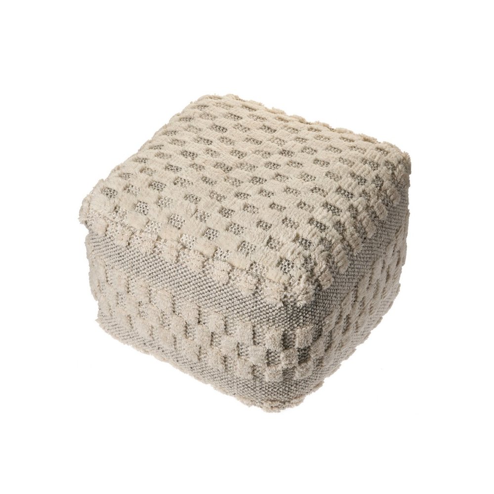 Cream Geometric Hand-Woven Wool Ottoman Pouf. Picture 3