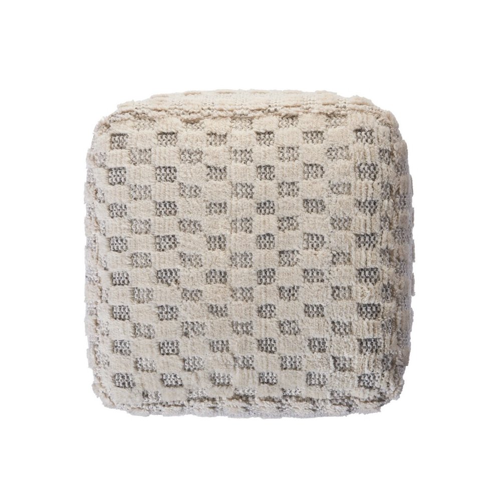 Cream Geometric Hand-Woven Wool Ottoman Pouf. Picture 4