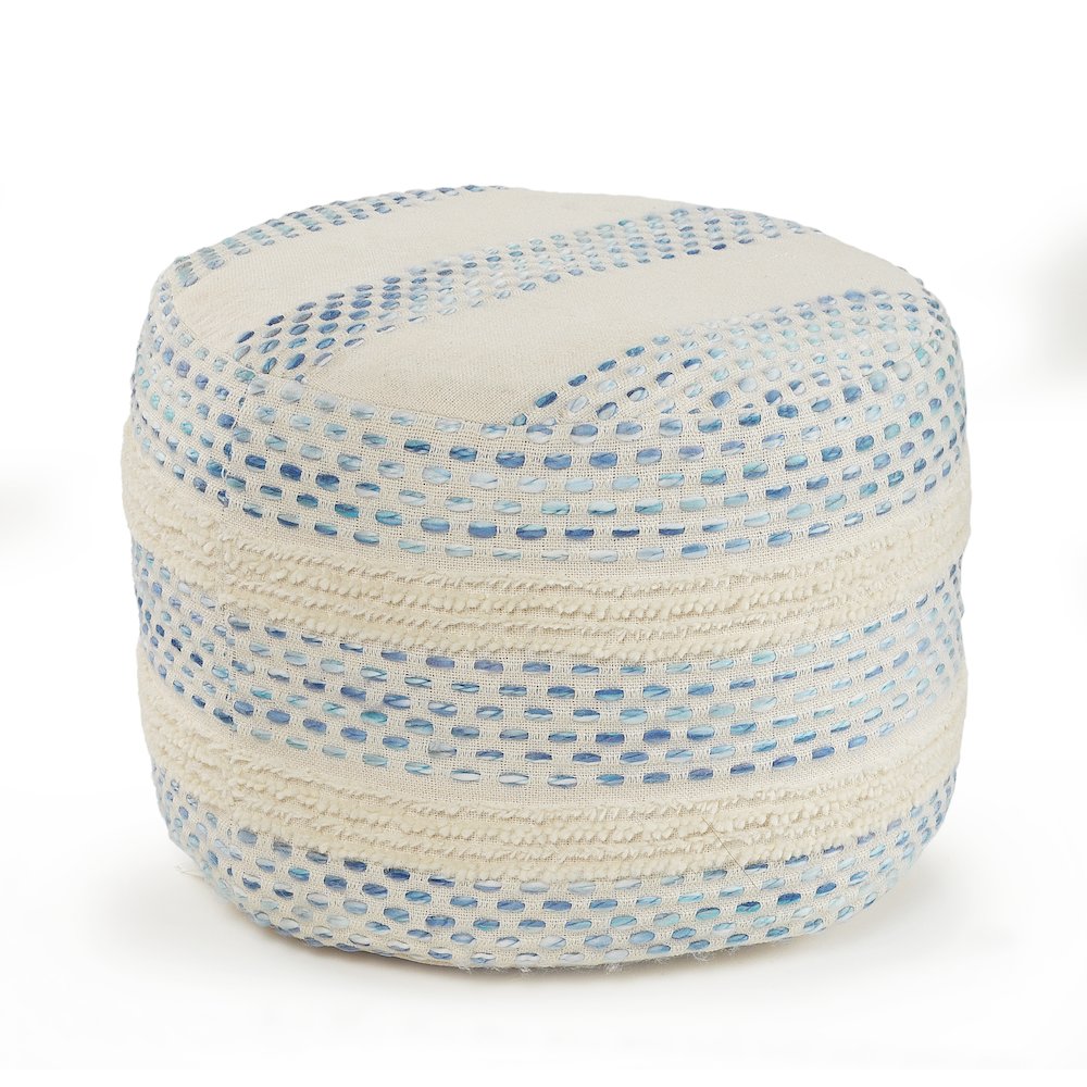 Blue/Cream Striped Hand-Woven Cotton Blend Ottoman Pouf. Picture 1