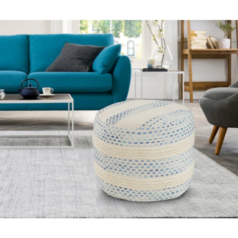 Blue/Cream Striped Hand-Woven Cotton Blend Ottoman Pouf. Picture 2