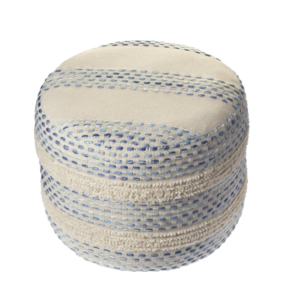 Blue/Cream Striped Hand-Woven Cotton Blend Ottoman Pouf. Picture 3