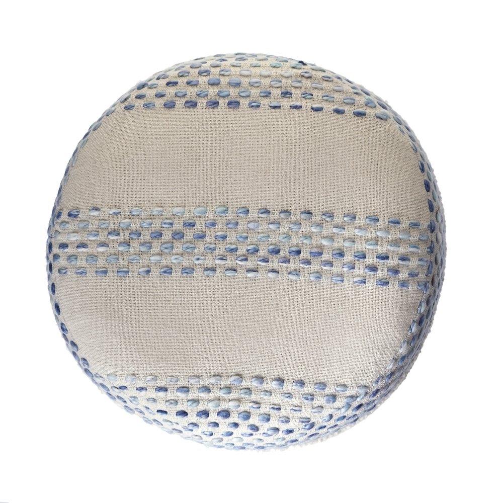 Blue/Cream Striped Hand-Woven Cotton Blend Ottoman Pouf. Picture 4