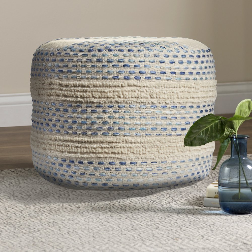 Blue/Cream Striped Hand-Woven Cotton Blend Ottoman Pouf. Picture 5