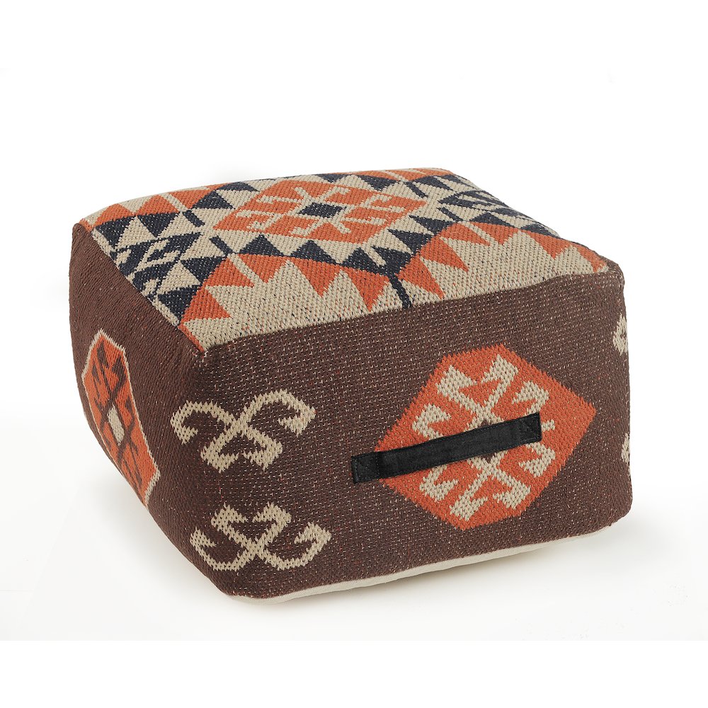 Brown/Orange Tribal Cotton Blend Ottoman Pouf. Picture 1