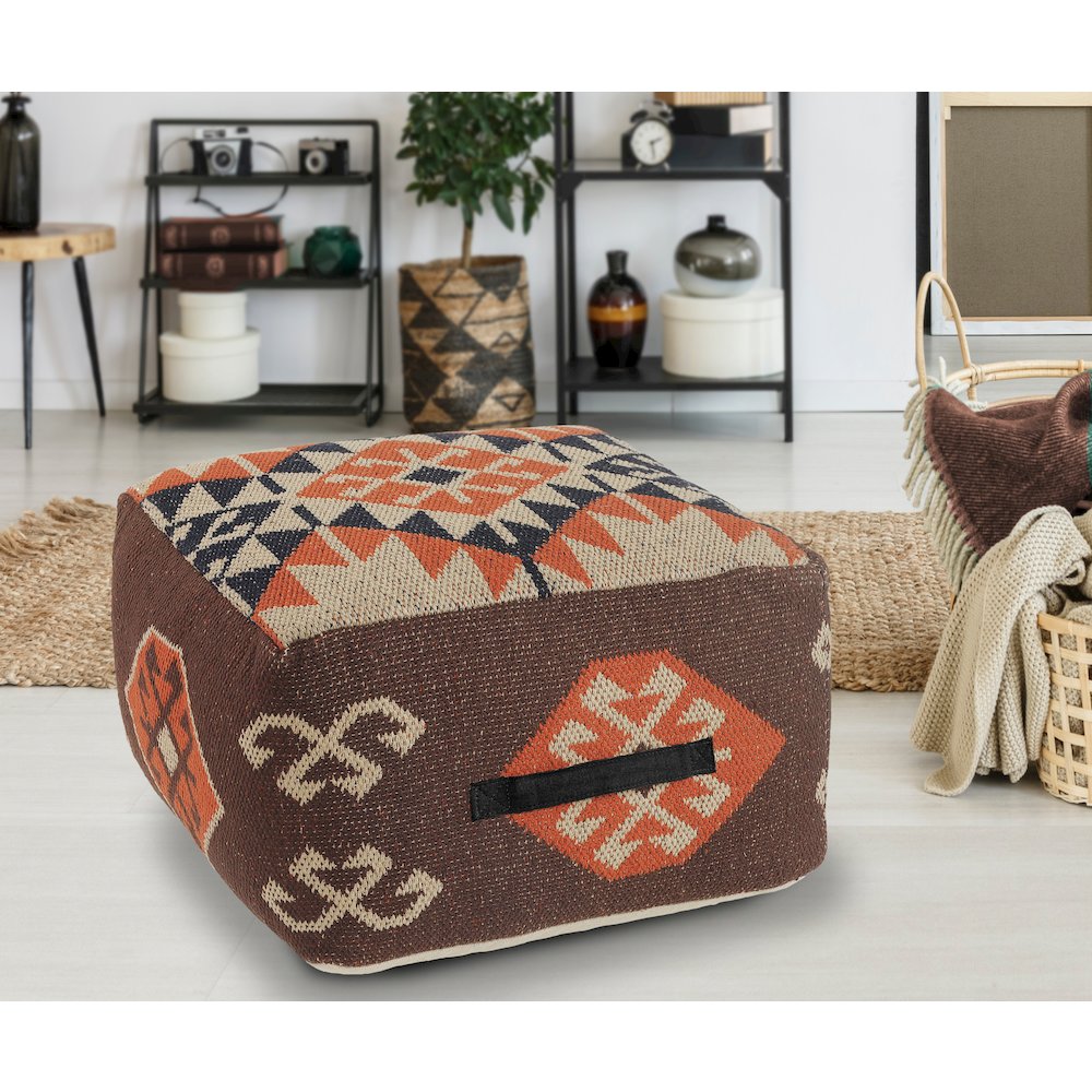 Brown/Orange Tribal Cotton Blend Ottoman Pouf. Picture 2