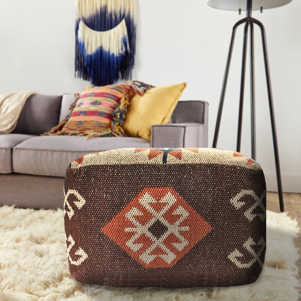 Brown/Orange Tribal Cotton Blend Ottoman Pouf. Picture 5