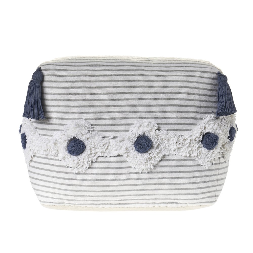 Gray/White Striped Hand-Woven All-Natural Cotton Ottoman Pouf. Picture 1