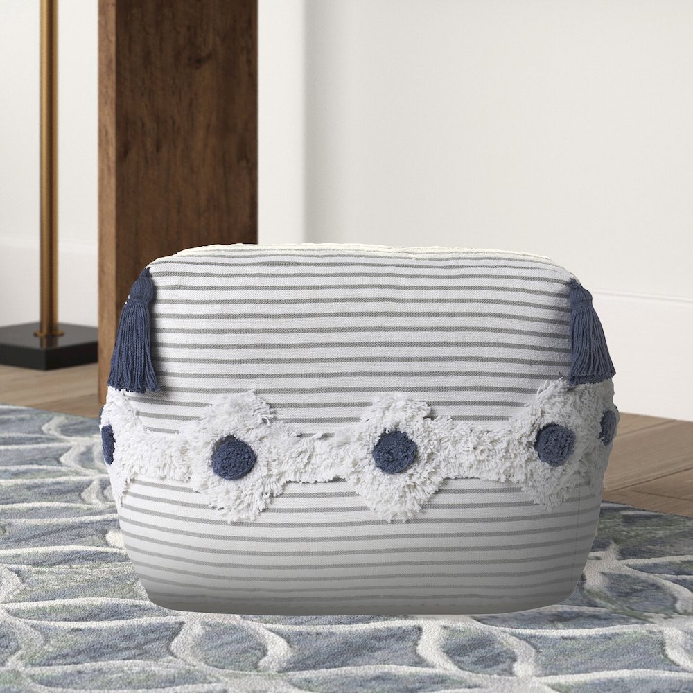 Gray/White Striped Hand-Woven All-Natural Cotton Ottoman Pouf. Picture 2