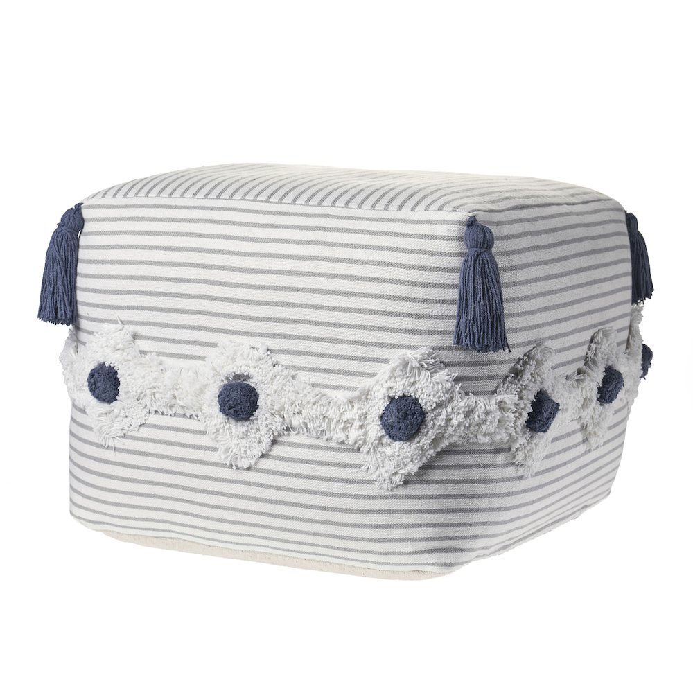 Gray/White Striped Hand-Woven All-Natural Cotton Ottoman Pouf. Picture 3