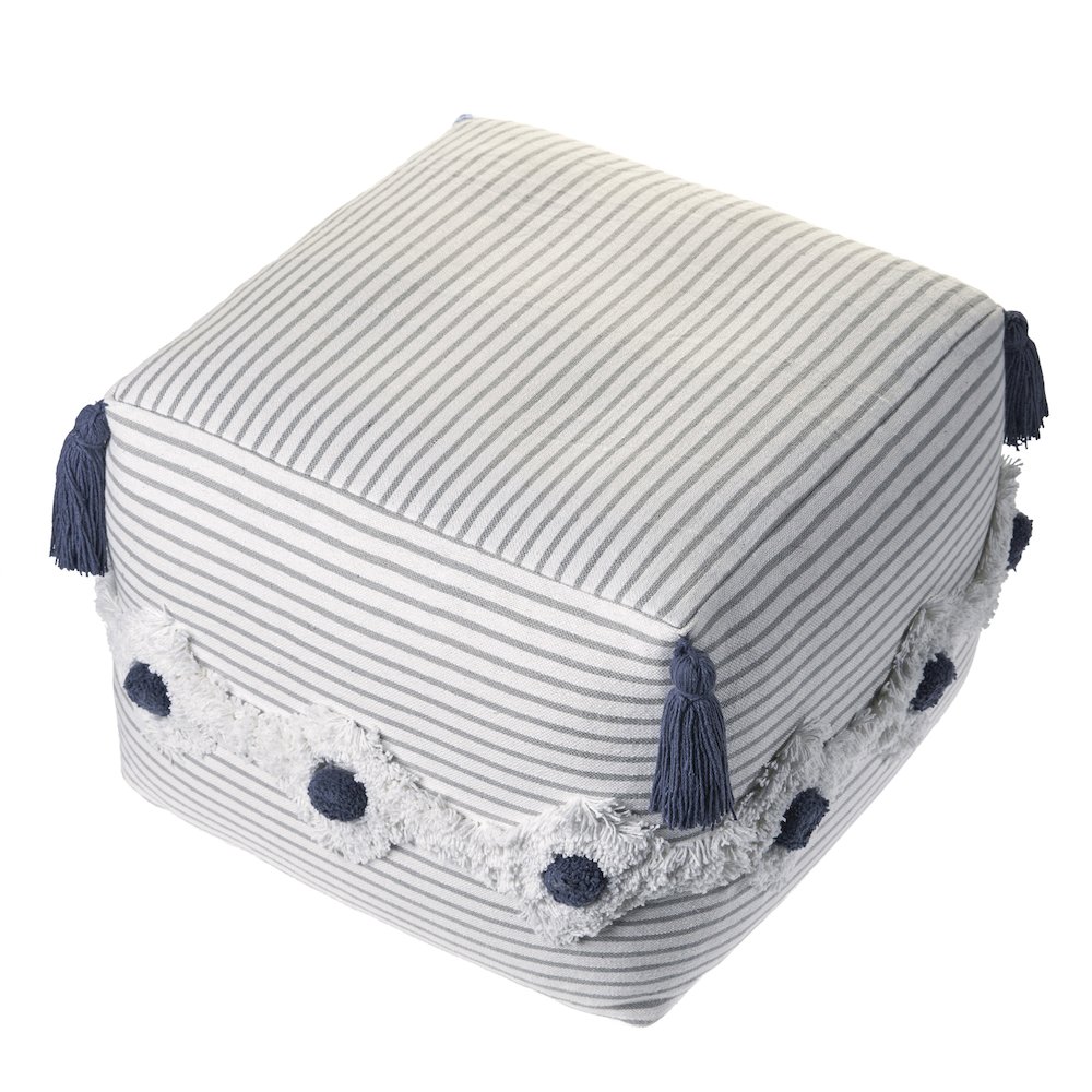 Gray/White Striped Hand-Woven All-Natural Cotton Ottoman Pouf. Picture 5