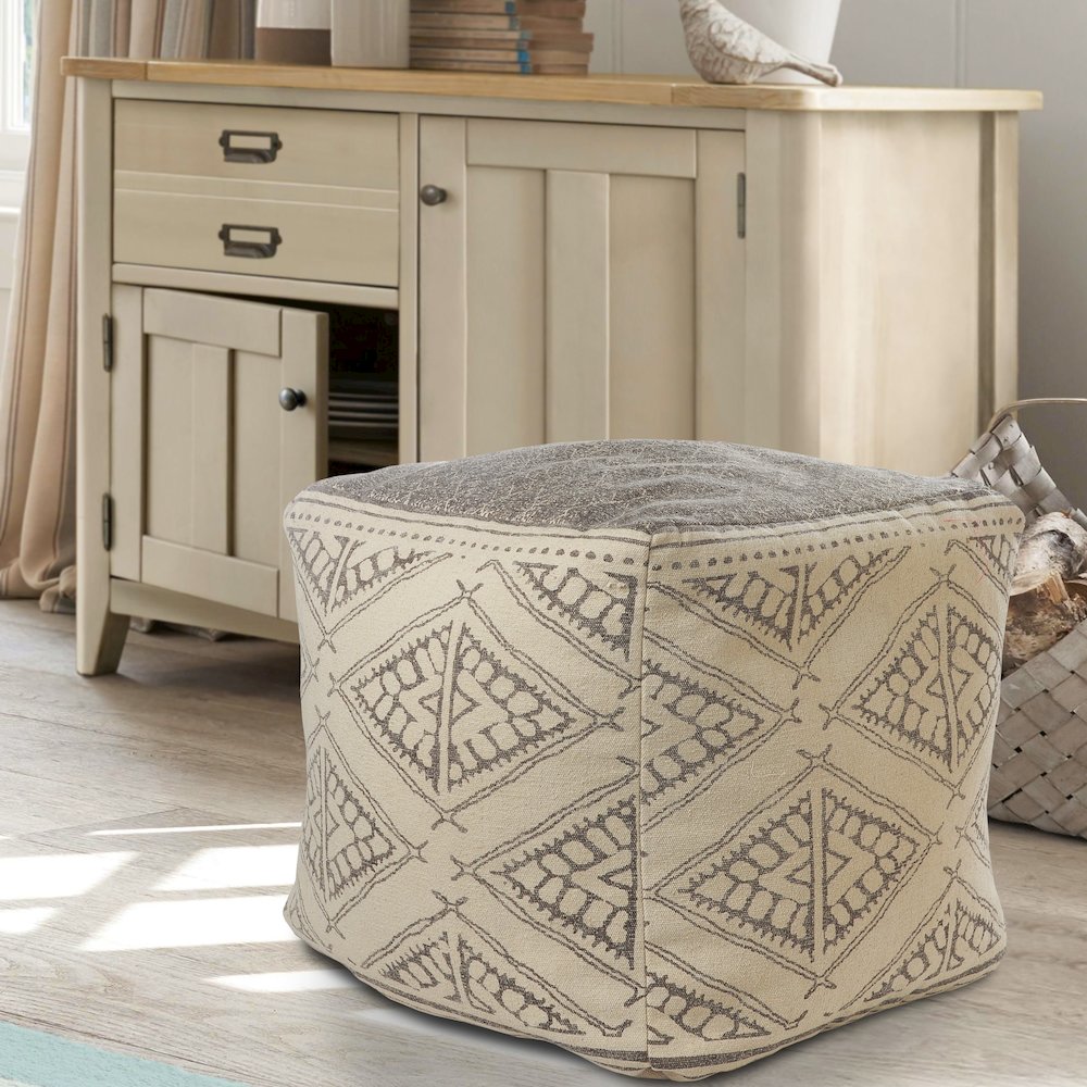 Beige/Gray Tribal Handmade All-Natural Cotton Ottoman Pouf. Picture 2
