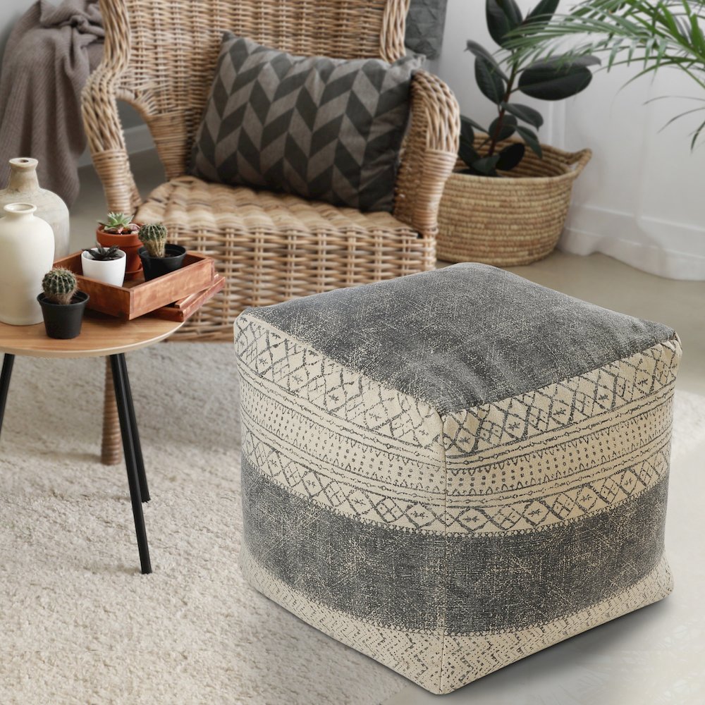 Cream/Gray Tribal Handmade All-Natural Cotton Ottoman Pouf. Picture 2