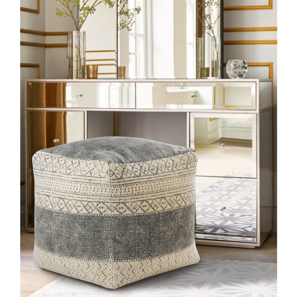 Cream/Gray Tribal Handmade All-Natural Cotton Ottoman Pouf. Picture 6