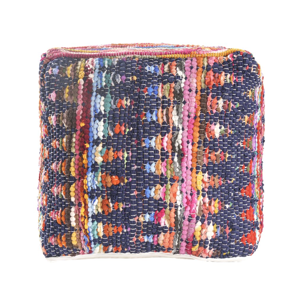 Dillon Cotton and Jute Indoor Pouf in Chindi, 18" x 18" x 18". Picture 1
