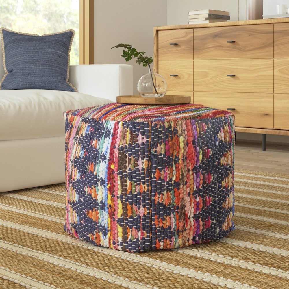 Dillon Cotton and Jute Indoor Pouf in Chindi, 18" x 18" x 18". Picture 2