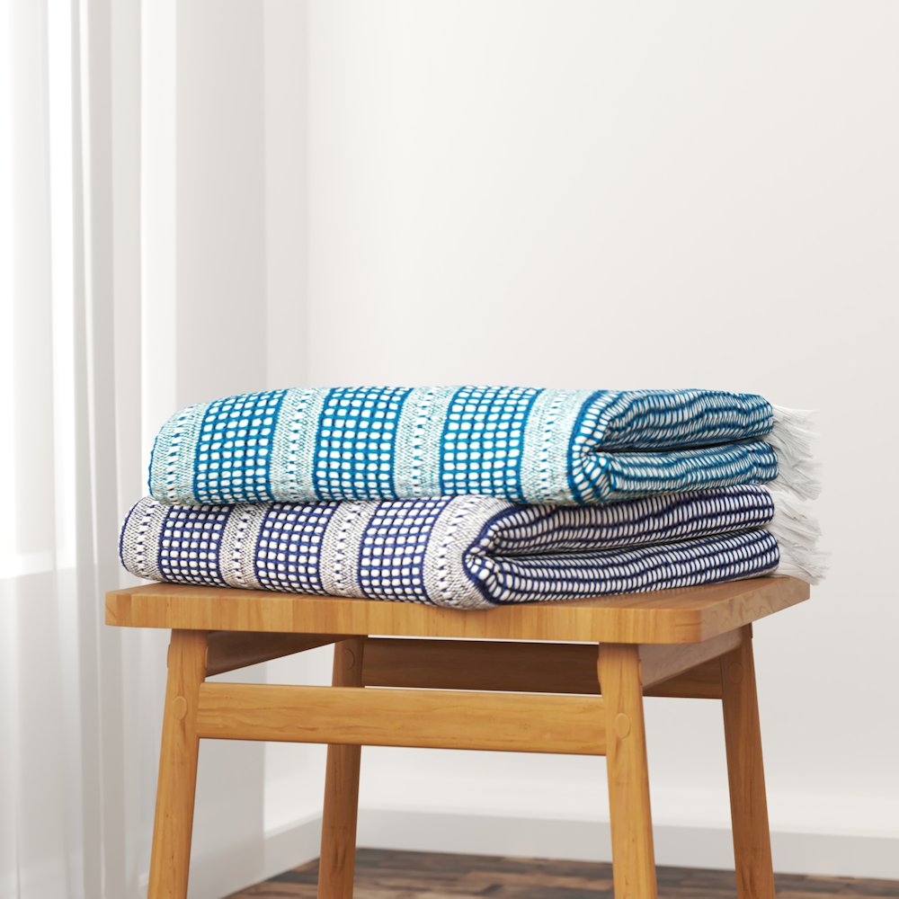 Ridgeline Striped Hand-Woven All-Natural Cotton Throw Blanket, Light Blue. Picture 8
