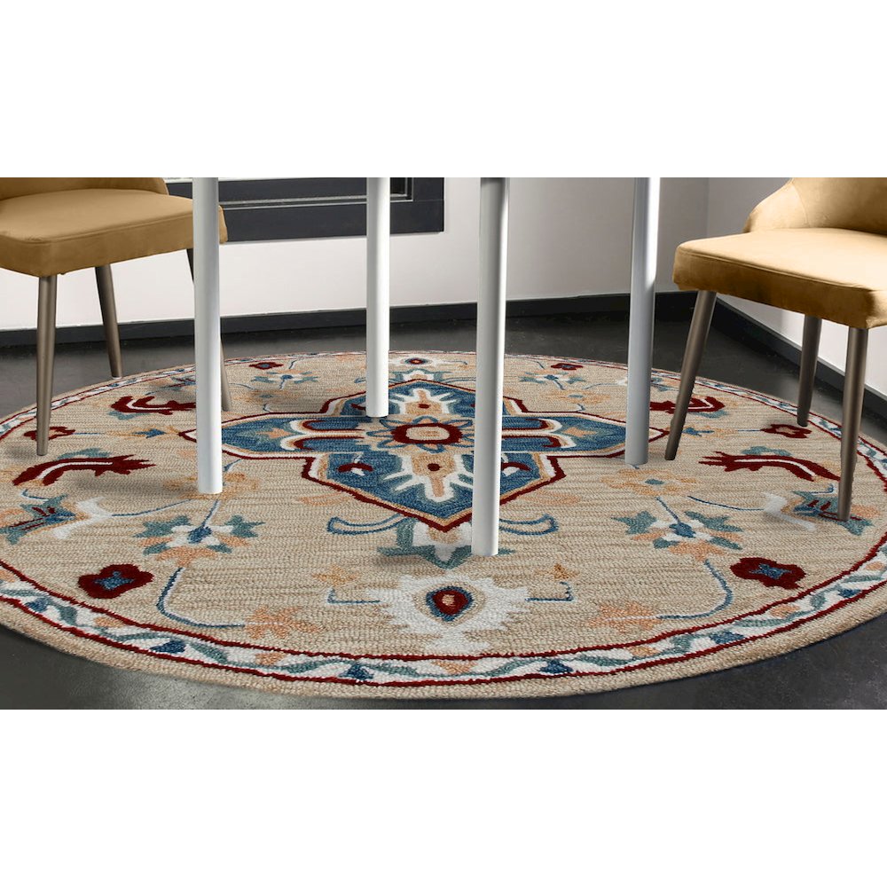 RugsA Beige/Blue Medallion Wool Round Rug. Picture 2