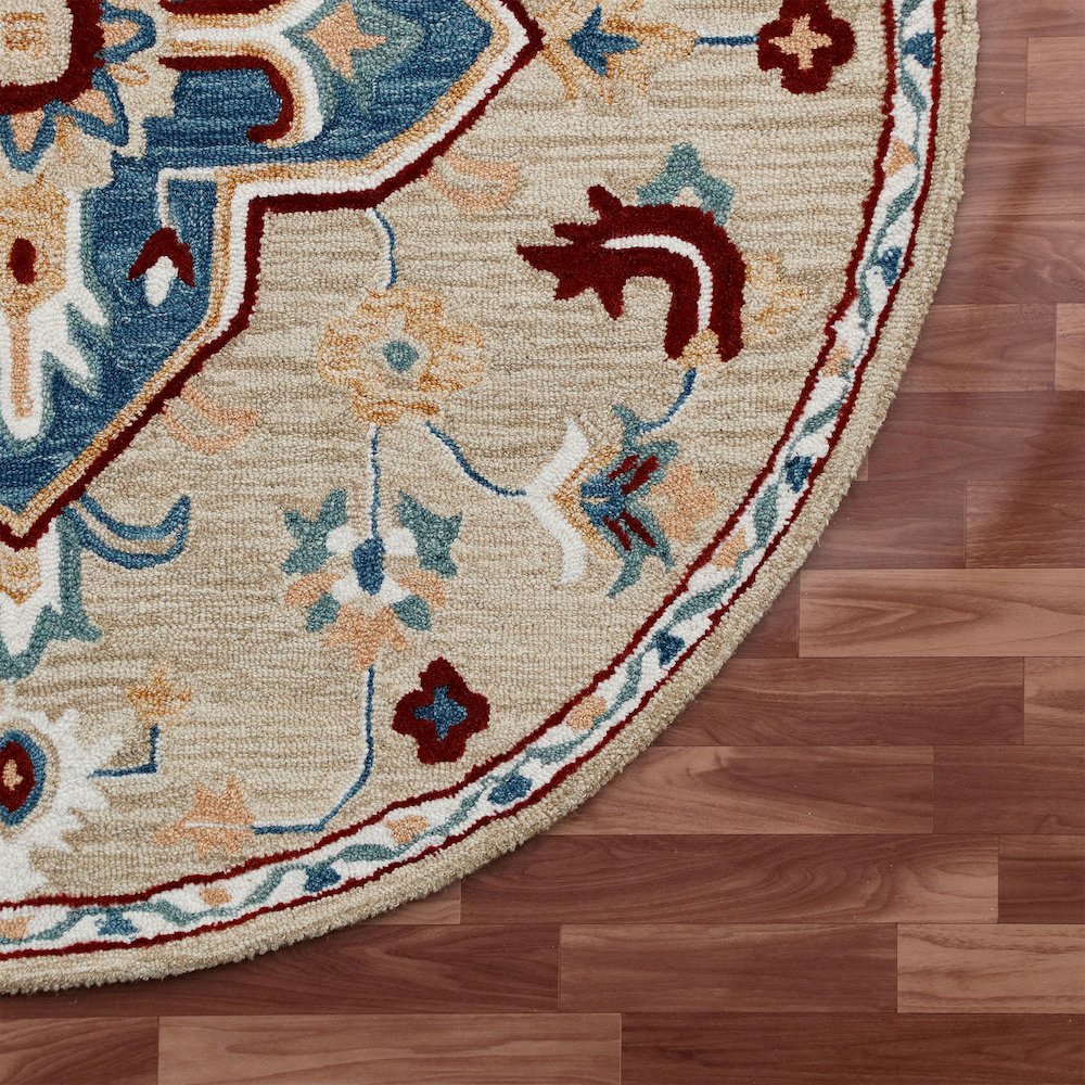 RugsA Beige/Blue Medallion Wool Round Rug. Picture 5