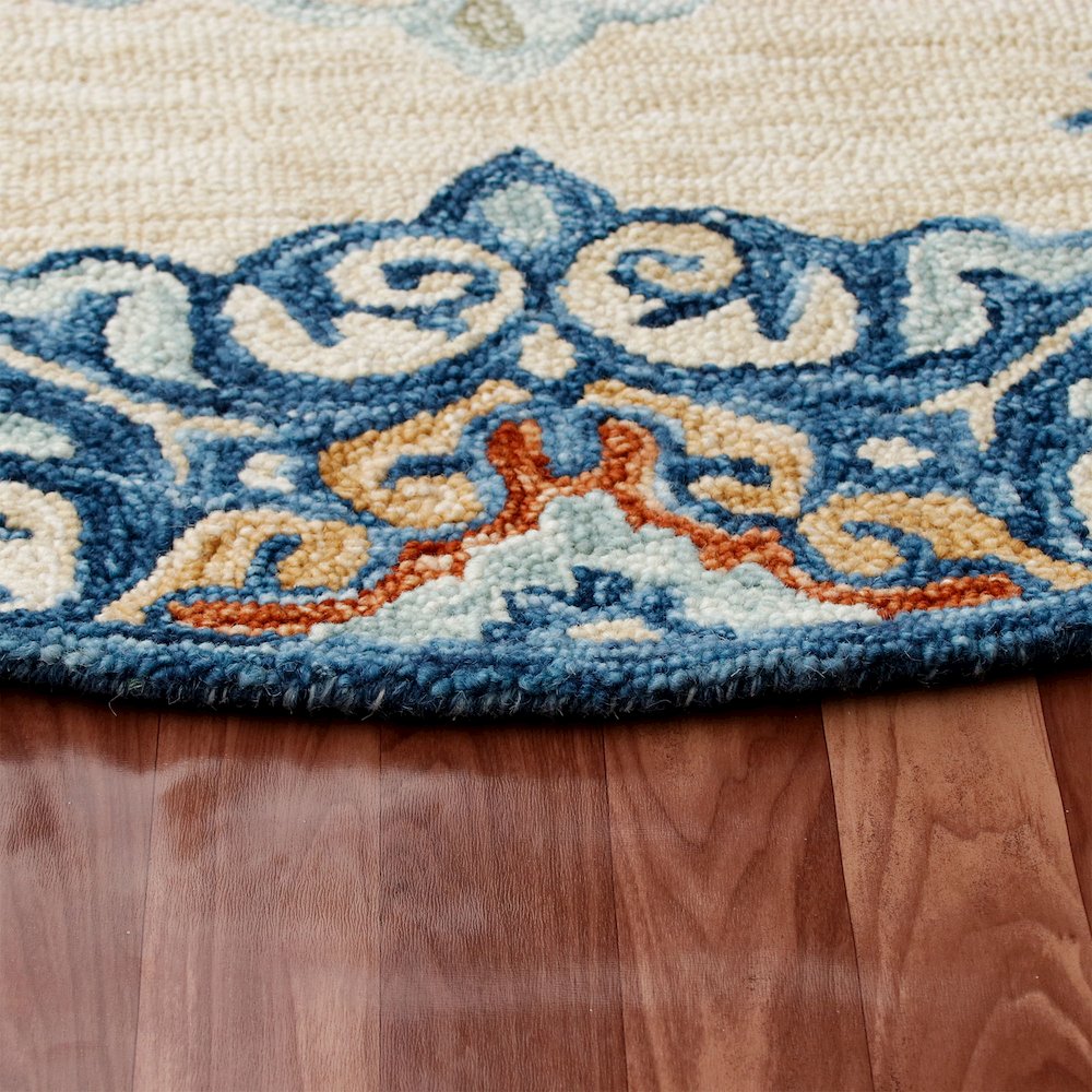 RugsA Beige/Blue Medallion Wool Round Rug. Picture 3