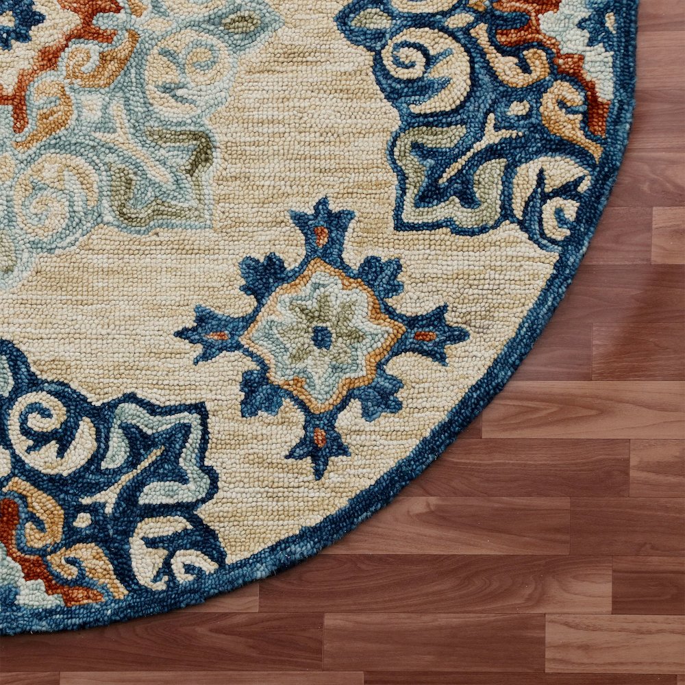 RugsA Beige/Blue Medallion Wool Round Rug. Picture 5