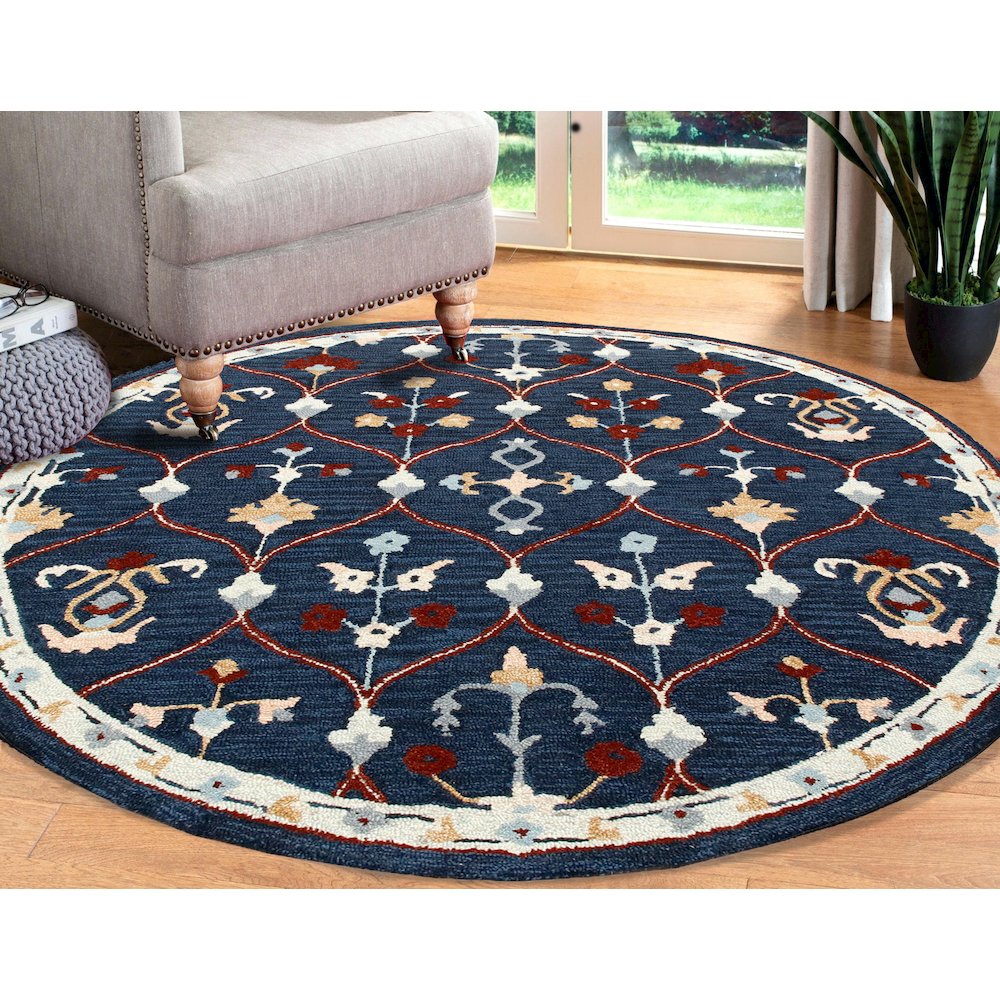 RugsA Navy/Red Trellis Wool Round Rug. Picture 7