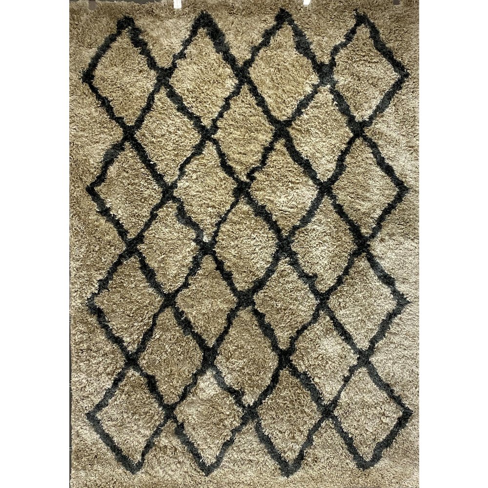 Cream and Charcoal Moroccan Geometric Shag Rug. Picture 1