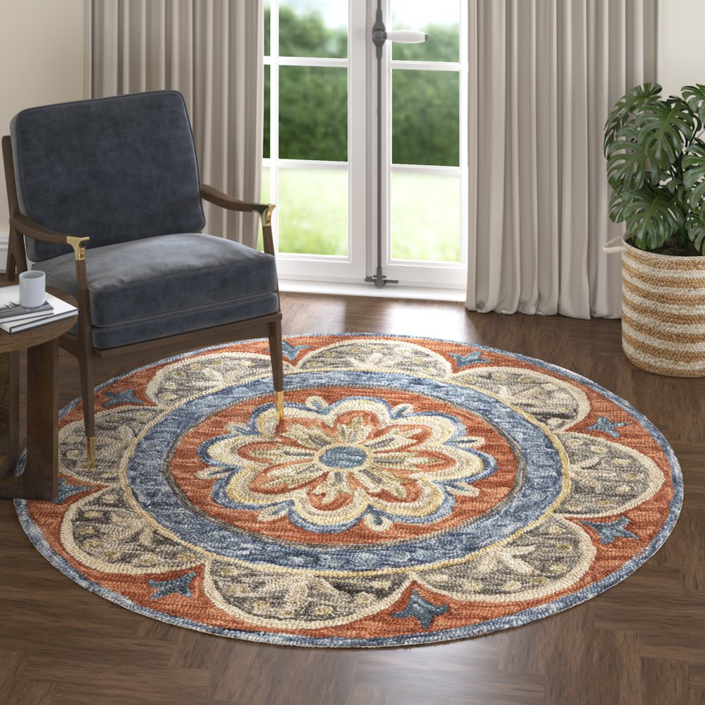 Rust Floral Farmhouse Hand-Woven Wool Indoor Area Rug. Picture 6
