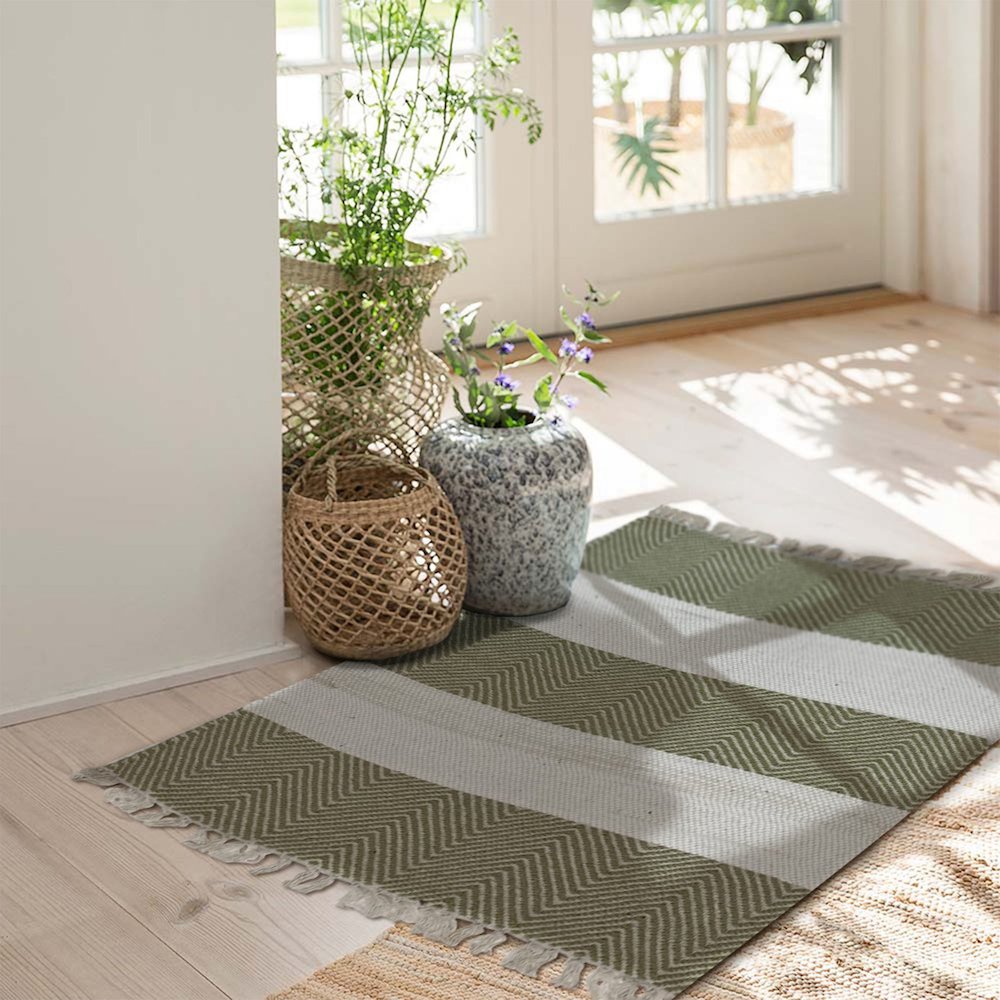 RugsA Olive Gray/Ivory Farmhouse Striped Wool Area Rug, 2'3" x 3'9". Picture 2