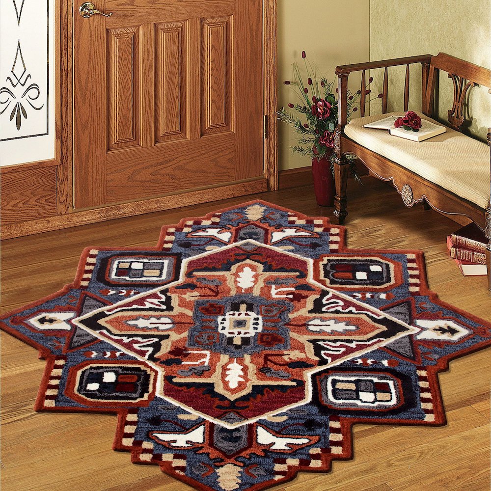 Bold Southwestern Summer Cabin Medallion Shape Rug. Picture 6