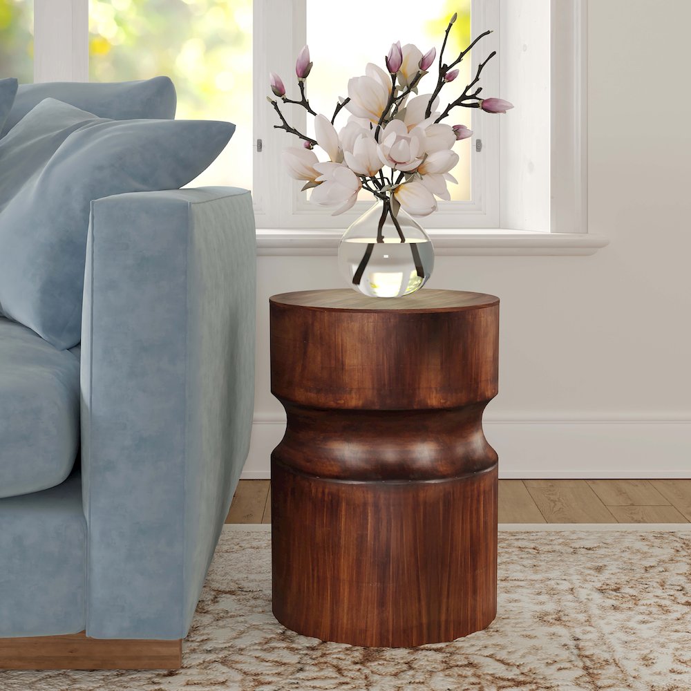 Brown Contemporary Handmade Solid Mango Wood Drum Side End Table. Picture 2