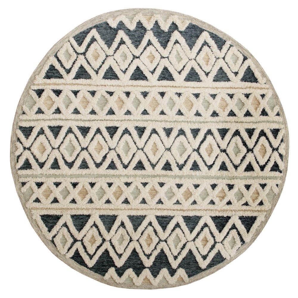 Tufted Geometric Diamonds and Stripes Round Rug. Picture 1