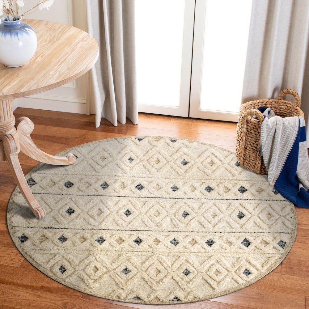 Tufted Geometric Diamonds and Stripes Round Rug. Picture 6