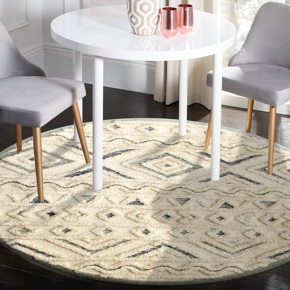 Sinuous Contemporary Tufted Geometric Motif Wool Blend Area Rug, Ivory, 4' Round. Picture 6