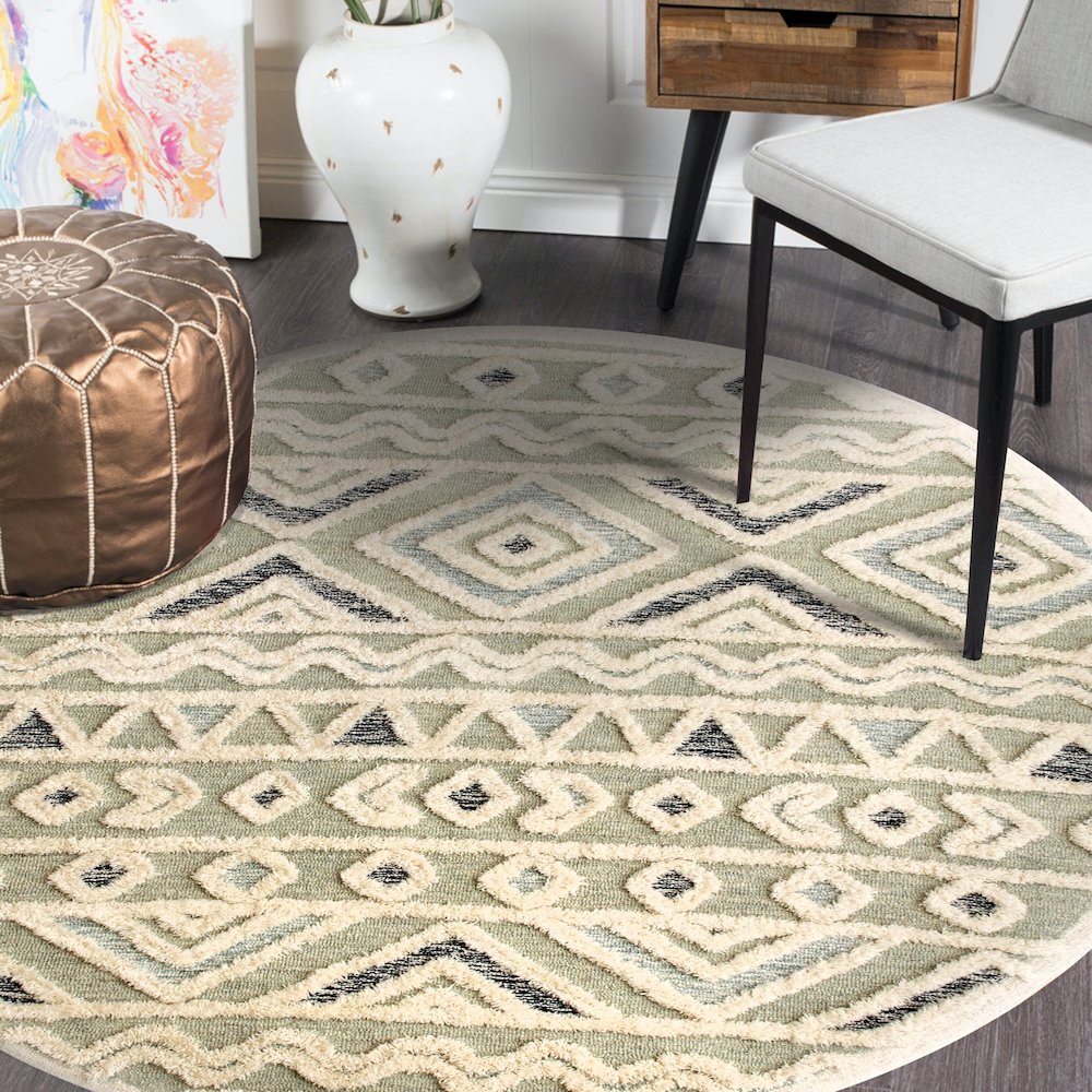 Sinuous Contemporary Tufted Geometric Motif Wool Blend Area Rug, Gray, 4' Round. Picture 6